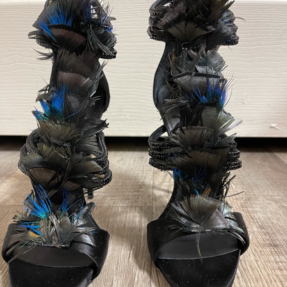 Giuseppe Zanotti Design Black Feather and Rhinestone Heels, Size 38